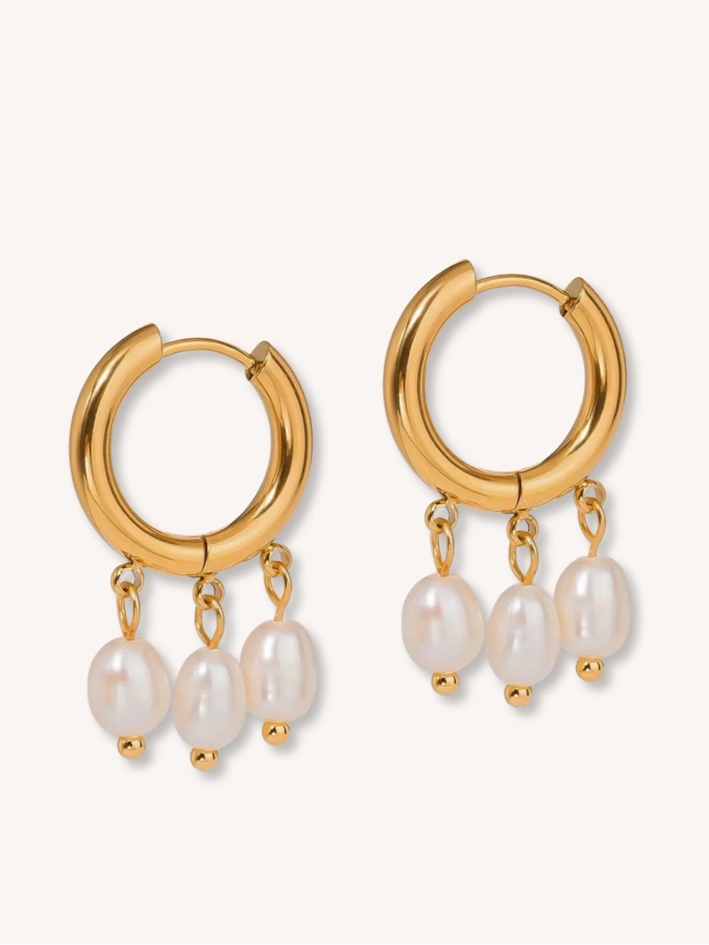 Gold Hoop Earrings with White Pearl Drops. Waterproof and tarnish free